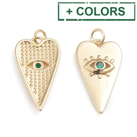 BeadsBalzar Beads & Crafts (GQH8018-X) Brass Micro Pave Cubic Zirconia Heart with Evil Eye,13.5x24.5mm (1 PC)