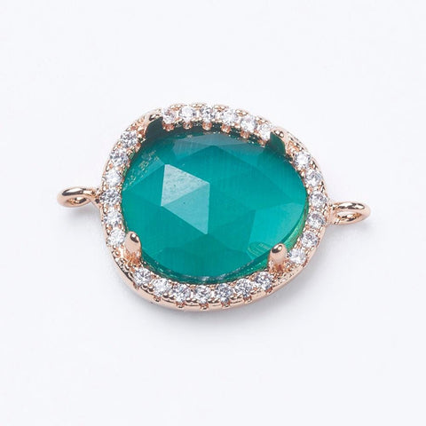 BeadsBalzar Beads & Crafts (GQL7488-3) DARK TURQUOISE (GQL7488-1) Brass Micro Pave Cubic Zirconia Links, with Faceted Glass Oval, 14x21mm (1 PC)