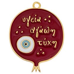 BeadsBalzar Beads & Crafts (GQP7660A) RED/GOLD (GQP7660X) Pomegranate motif 65x50mm with eye and wishes pendant (1 PC)