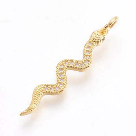 BeadsBalzar Beads & Crafts (GQS7882G) Brass Micro Pave Cubic Zirconia ,Snake, 29mm (2 PCS)