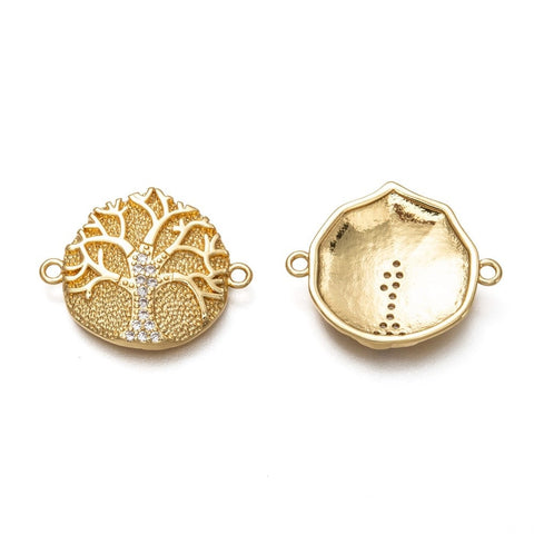 BeadsBalzar Beads & Crafts (GQT8320-23G) Brass Micro Pave Clear Cubic Zirconia Links Tree of Life, Real 18K Gold Plated 19mm (1 PC)