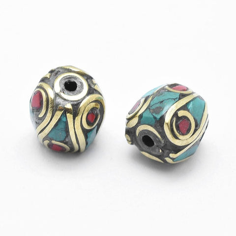BeadsBalzar Beads & Crafts Handmade Indonesia Beads, with Brass, Coral, Turquoise, Oval, Colorful 9MM (FB5207)