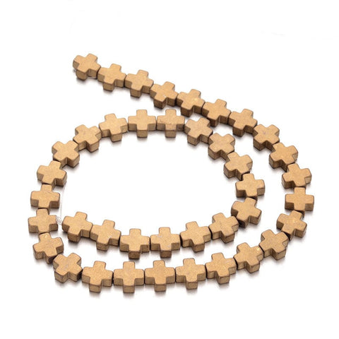 BeadsBalzar Beads & Crafts (HB5450) Frosted Electroplated Non-magnetic Synthetic Hematite Bead Strands, Cross, Golden Plated 10MM