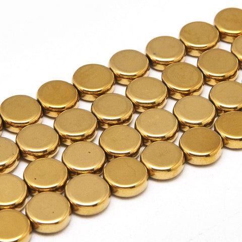 BeadsBalzar Beads & Crafts (HB8225-01F) Electroplate Non-magnetic Synthetic Hematite Flat Round, Golden 10x4mm (1 STR)