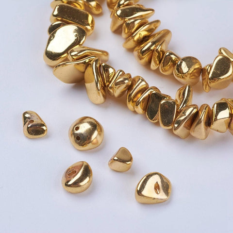 BeadsBalzar Beads & Crafts (HB8733G) Electroplate Non-magnetic Synthetic Hematite Bead Chips, Golden Plated, 5~12x3~7m (1 STR)
