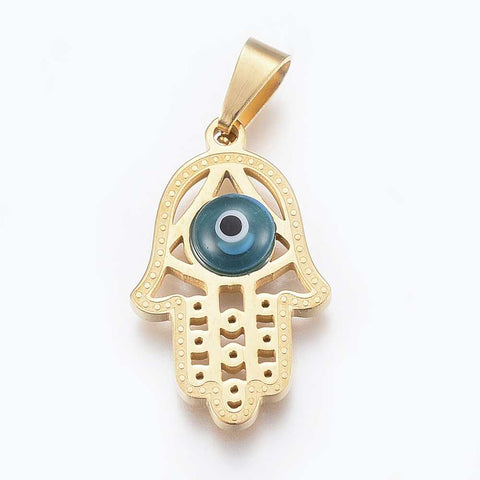 BeadsBalzar Beads & Crafts (HH7190) 304 Stainless Steel Pendants, with Glass Evil Eye, Hamsa Hand, Golden 24x15mm (1 pc)