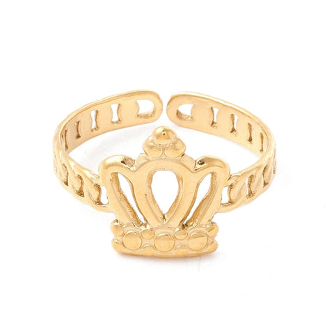 BeadsBalzar Beads & Crafts ION GOLD PLATED (SR8687-G) (SR8687-X) 304 Stainless Steel Cuff Ring, Crown, 16.5mm (1 PC)