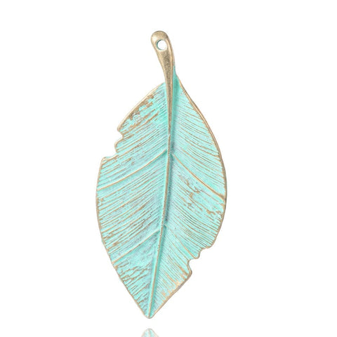 BeadsBalzar Beads & Crafts (PE5623)Leaf Alloy Big Pendants, Antique Bronze & Green Patina Size: about 36mm wide, 82mm long,