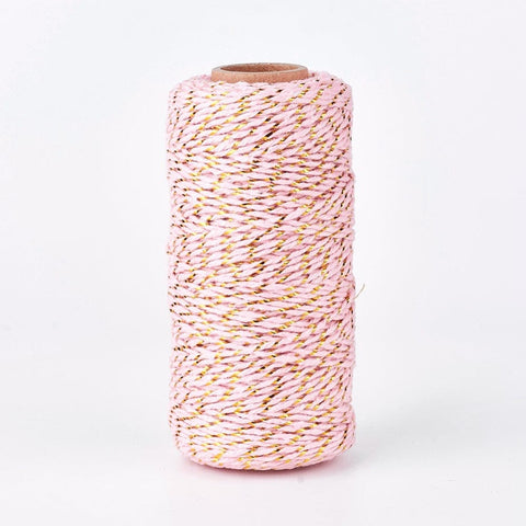 BeadsBalzar Beads & Crafts PINK (MC7798-02F) (MC7798-X) Cotton String Threads, Macrame  with Gold Wire, 1~1.5mm (100m)