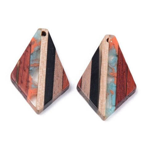 BeadsBalzar Beads & Crafts (RB8727-08) Resin & Walnut Wood Pendants, Rhombus, Colorful 33x20mm (2 PCS)