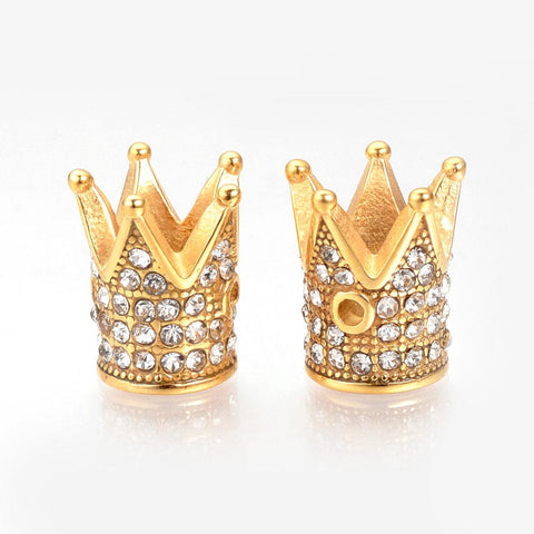 BeadsBalzar Beads & Crafts (SB6007) 304 Stainless Steel Beads, with Rhinestones, Crown, Golden Size: about 12mm