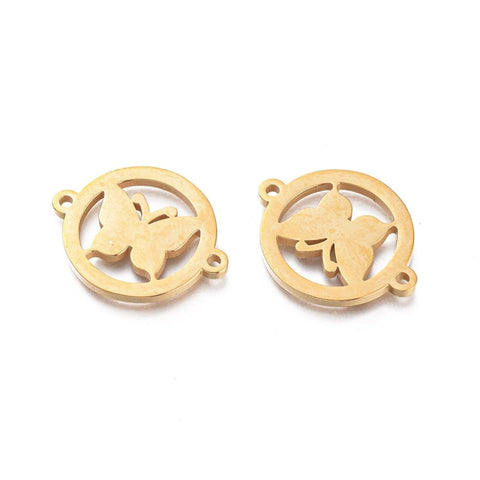 BeadsBalzar Beads & Crafts (SB8534-G) Ion Plating(IP) 304 Stainless Steel Link with Butterfly, Golden 19.5mm (2 PCS)