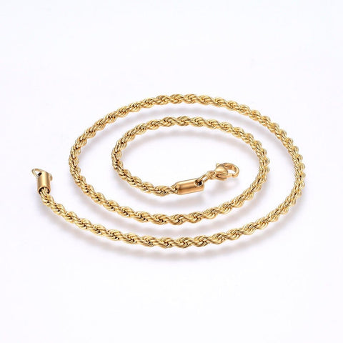 BeadsBalzar Beads & Crafts (SC6925B) 304 Stainless Steel Rope Chain Necklaces, Golden (50cm) long, 3mm wide