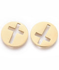 BeadsBalzar Beads & Crafts (SC8395-06G) Ion Plating(IP) 304 Stainless Steel Flat Round with Cross, Golden 10.5mm (2 PCS)