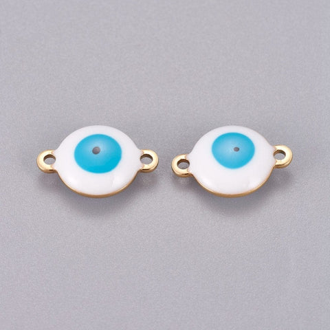 BeadsBalzar Beads & Crafts (SE6060A) GOLD / WHITE/LT BLUE (SE6060X) 304 Stainless Steel Enamel Links, Flat Round with Evil Eye,  10mm wide, 14.5mm long, 4.5mm  (4 PCS)