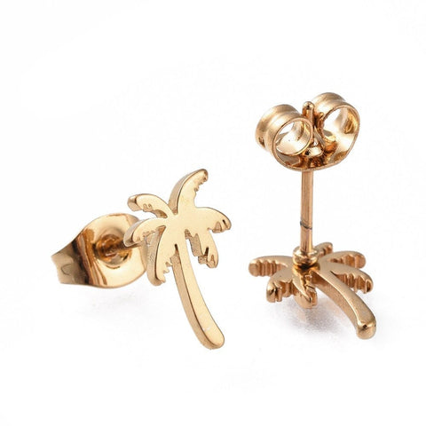 BeadsBalzar Beads & Crafts (SE7415G) 304 Stainless Steel Stud Earrings, Coconut Tree, Golden (2 PAIRS)
