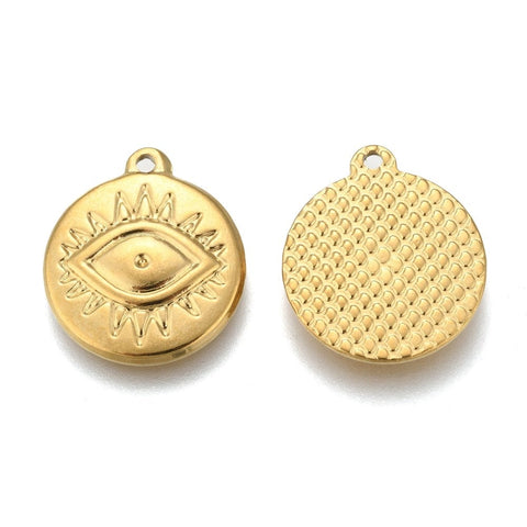 BeadsBalzar Beads & Crafts (SE7890G) Vacuum Plating 304 Stainless Steel  Evil Eye, Golden 17x19.5mm (2 PCS)