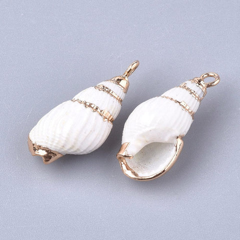 BeadsBalzar Beads & Crafts (SH5729) Electroplate Spiral Shell Pendants, with Iron Findings, Golden, White 20~25mm long,