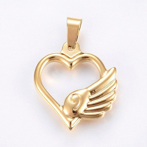 BeadsBalzar Beads & Crafts (SH6098A) 304 Stainless Steel Pendants, Heart with Wing, Golden 24mmx21.5mm (2 PCS)