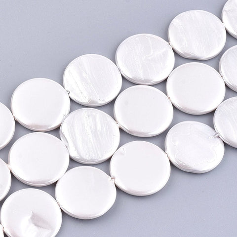 BeadsBalzar Beads & Crafts (SH6632A) Shell Pearl Beads , Spray Painted, Flat Round, White Size: about 20mm in diameter, 3mm thick (4 PCS)