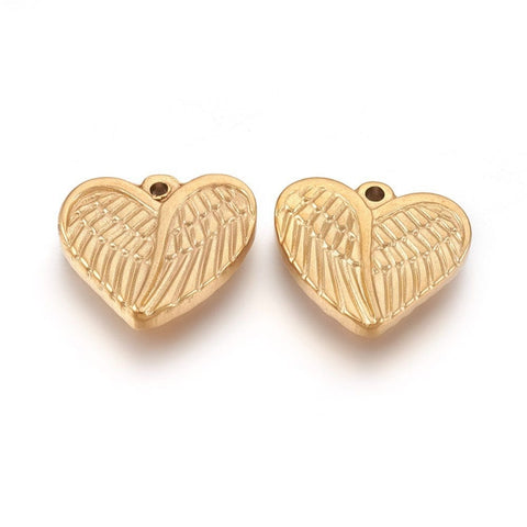 BeadsBalzar Beads & Crafts (SH7027A) 304 Stainless Steel Pendants, Heart with Wing, Golden 18mm (2 PCS)