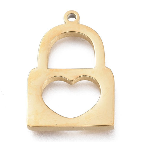 BeadsBalzar Beads & Crafts (SH7195A) 304 Stainless Steel Pendants, Heart Lock, Golden 13x19.5mm  (2 PCS)