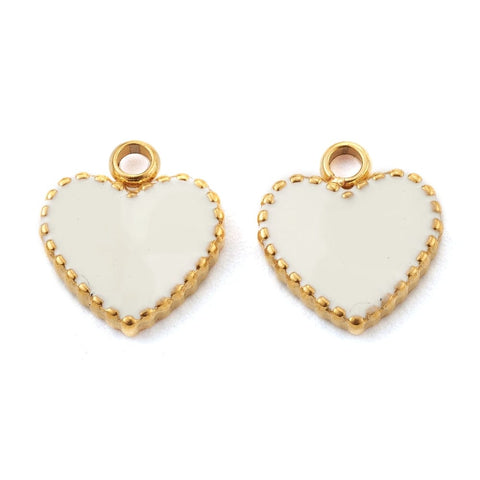 BeadsBalzar Beads & Crafts (SH8425-08G) 304 Stainless Steel Enamel Pendants, Flat Heart, White, Golden 10mm (2 PCS)