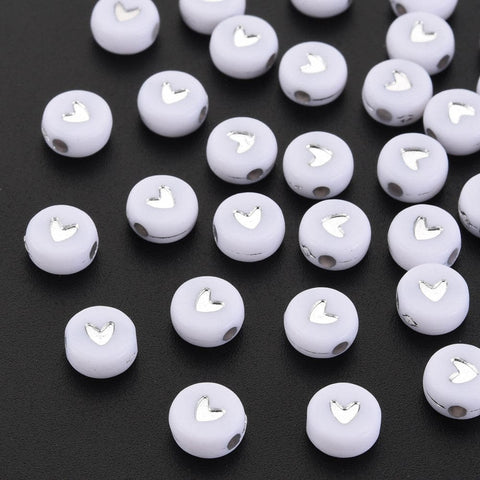 BeadsBalzar Beads & Crafts SILVER PLATED (HA7602-02) (HA7602-X) Plating Acrylic Beads, Metal Enlaced, Flat Round with Heart (10 GMS / +-70 PCS)