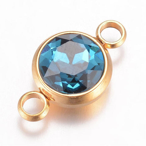 BeadsBalzar Beads & Crafts (SL5241E) BLUE ZIRCON (SL5241-X) Glass Links, Stainless Steel  Flat Round, Golden, 17.5mm (1 PC)