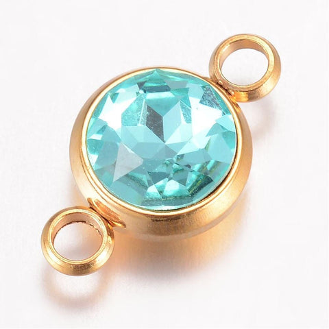 BeadsBalzar Beads & Crafts (SL5241F) AQUAMARINE (SL5241-X) Glass Links, Stainless Steel  Flat Round, Golden, 17.5mm (1 PC)