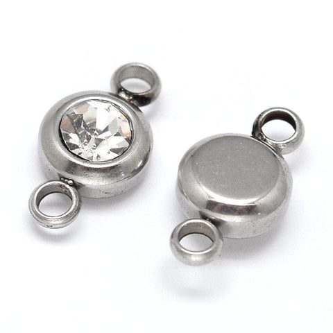 BeadsBalzar Beads & Crafts (SL6146A) STEEL/ CLEAR (SL6146X) Flat Round 304 Stainless Steel Cubic Zirconia Links,, 6.5mm wide, 12mm long +COLORS (5 PCS)