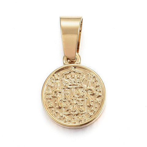 BeadsBalzar Beads & Crafts (SP5558) 304 Stainless Steel Coin Pendants, Hispan Et Ind Rex Coin, Golden 14MM (2 PCS)