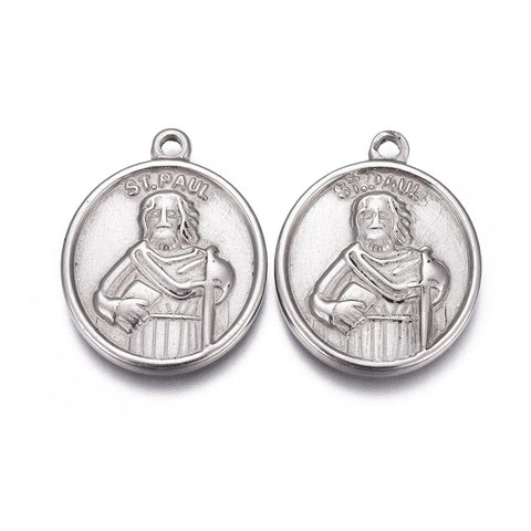 BeadsBalzar Beads & Crafts (SP6103A) 304 Stainless Steel Pendants, Flat Round with Saint  20mm wide, 25mm long (2 PCS)