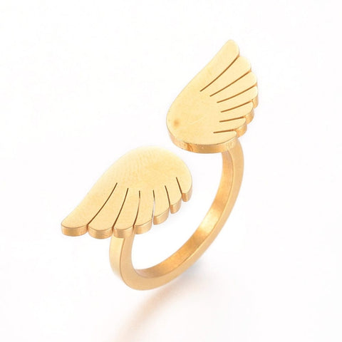 BeadsBalzar Beads & Crafts (SR7902G) 304 Stainless Steel Finger Rings, Wing, Golden 17mm (1 PC)
