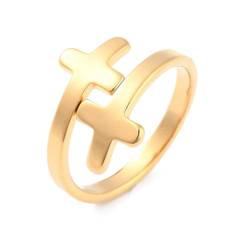BeadsBalzar Beads & Crafts (SR8677-G) Ion Plating(IP) 304 Stainless Steel Cross Cuff Ring, Golden 17.3mm (1 PC)