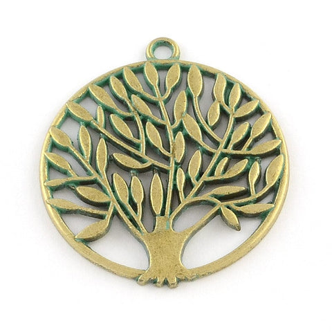 BeadsBalzar Beads & Crafts (TR6135) Flat Round and Tree Zinc Alloy Pendants,  Antique Bronze & Green Patina 42mm (5 PCS)