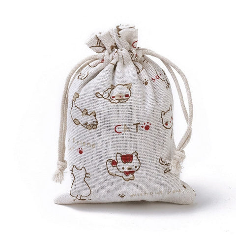 BeadsBalzar Beads & Crafts WHITE WITH CATS (BA6633D) (BA6633-X) Burlap Packing Pouches, Drawstring Bags, Rectangle (4 PCS)