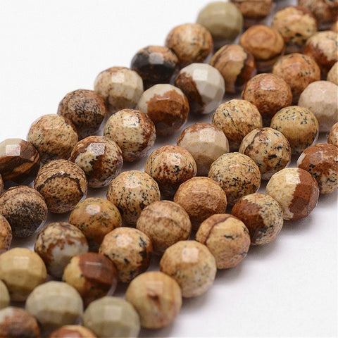 (BG4708) Natural Picture Jasper Beads Strands, Faceted, Round Size: about 4mm (1 STR) Natural Picture Jasper Beads Strands, Faceted, Round Size: about 4mm in diameter, hole: 1mm; about 96pcs/strand, 14.9"~15.1"