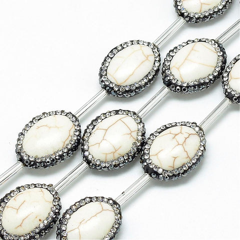(BG5216D) Natural Howlite Rhinestone Beads, Oval, Ivory Natural Howlite Rhinestone Beads, Oval, Ivory Size: about 20.5~23mm long, 6mm thick, hole: 1mm.