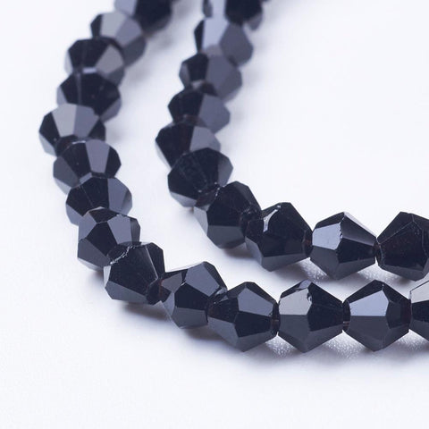 Bicone Beads, Faceted Bicone Glass Beads Strands, Black 4MM 118pcs/Strand Imitation #5301 Bicone Beads, Faceted Bicone Glass Beads Strands, Black Size: about 4mm long, 4mm wide, hole: 1mm; about 118pcs/strand.