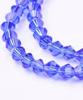 Bicone Beads, Faceted Bicone Glass Beads Strands, Blue 4mm 118pcs/Strand Imitation #5301 Bicone Beads, Faceted Bicone Glass Beads Strands, Blue Size: about 4mm long, 4mm wide, hole: 1mm; about 104pcs/strand.