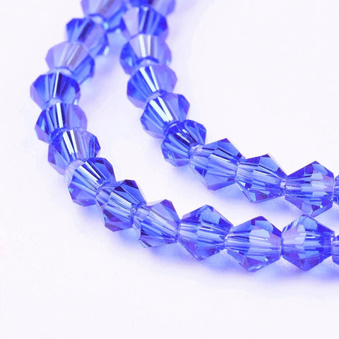 Bicone Beads, Faceted Bicone Glass Beads Strands, Blue 4mm 118pcs/Strand Imitation #5301 Bicone Beads, Faceted Bicone Glass Beads Strands, Blue Size: about 4mm long, 4mm wide, hole: 1mm; about 104pcs/strand.