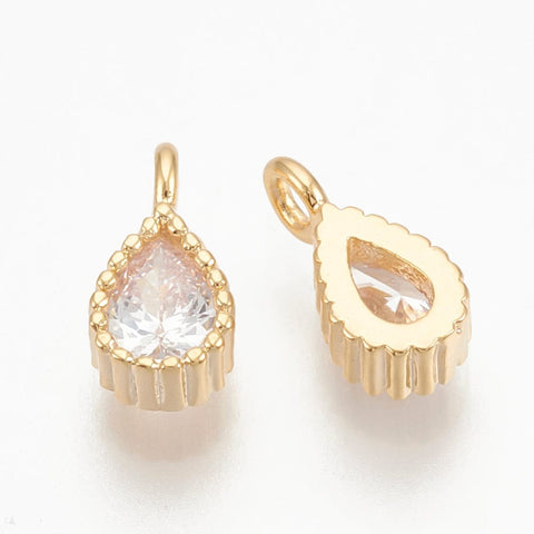 GOLD/CLEAR Brass Cubic Zirconia Charms, Drop, 8x4mm Brass Cubic Zirconia Charms, Drop, 8x4mm