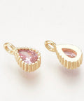 GOLD/PINK Brass Cubic Zirconia Charms, Drop, 8x4mm Brass Cubic Zirconia Charms, Drop, 8x4mm