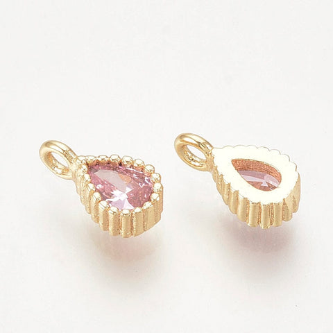 GOLD/PINK Brass Cubic Zirconia Charms, Drop, 8x4mm Brass Cubic Zirconia Charms, Drop, 8x4mm