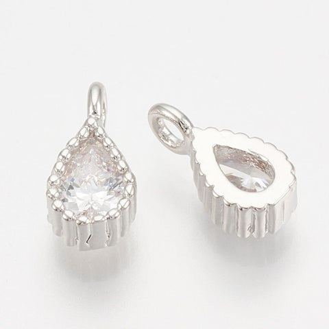 PLATINUM PLATED / CLEAR Brass Cubic Zirconia Charms, Drop, 8x4mm Brass Cubic Zirconia Charms, Drop, 8x4mm