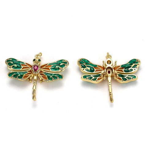 Brass Micro Pave Cubic Zirconia Dragonfly, Real 18K Gold Plated 40x32mm Brass Micro Pave Cubic Zirconia Dragonfly, Real 18K Gold Plated 40x32mm