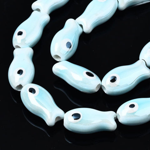 LIGHT CYAN Ceramic Fish Beads, Glazed Porcelain, 19mm Ceramic Fish Beads, Glazed Porcelain, 19mm