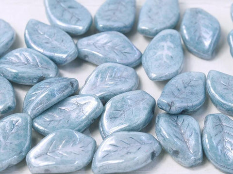 (LE14-03000-14464) CHALK WHITE BABY BLUE LUSTER CZECH GLASS LEAVES 9 X 14 MM CZECH GLASS LEAVES 9 X 14 MM