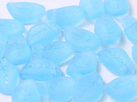 (LE14-60020-84110) AQUA MATTED CZECH GLASS LEAVES 9 X 14 MM CZECH GLASS LEAVES 9 X 14 MM
